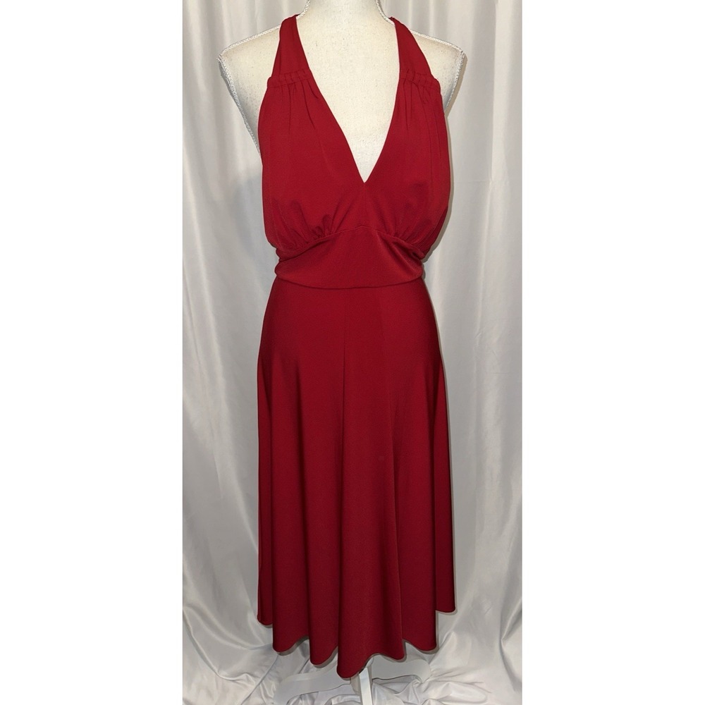 New Calvin Klein Dress Womens Size 6 Red Halter Neck Padded V-neck Lined Zip